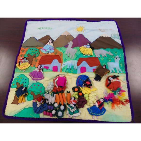 Peruvian Mercado "Market" Tapestry Handcraft Appliqué Folk Art Peru Arpillera - Picture 1 of 10